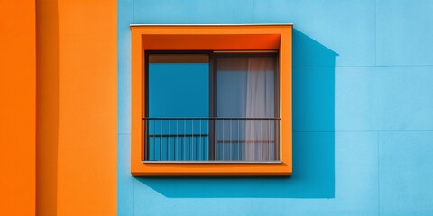 A striking, minimalist image of a bright orange window set against a vivid turquoise wall, showcasing modern architectural design.