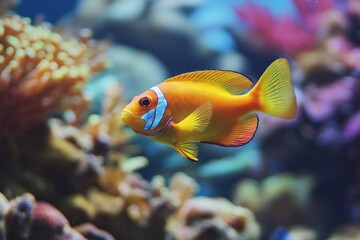 Obraz premium A vibrant orange clownfish swims gracefully amidst colorful aquatic plants and corals in a well-maintained aquarium setting.