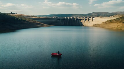 Angler on Boat: Fishing by the Dam