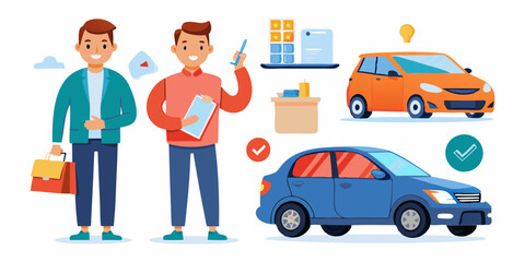 Happy man with a car on a white background in different views. The guy buys, rents, and drives a city hatchback. Insurance and maintenance
