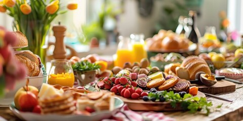 Fototapeta premium Variety of food on a table. Includes pastries, fruits, spreads and more.