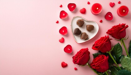 Top view of Valentine day gift with rose and wine, festive design concept for special holiday dating meal.