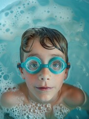 Naklejka premium A young boy enjoying swimming lessons. He is wearing blue swim goggles and seems to be having a great time in the water.