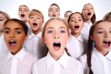A group of children singing together in white choir robes.