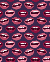 Vector seamless pattern with lips of different shades of lipstick. Colorful background in flat style with mouth and teeth.	