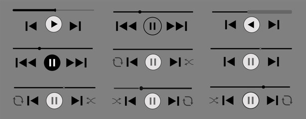 Music player play pause forward backward user interface (ui) design background. Light and dark color theme, Set of symbols and multimedia audio, music speaker volume, interface, media player button.