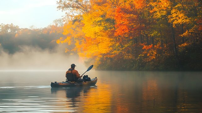 kayak on lake with morning fog 