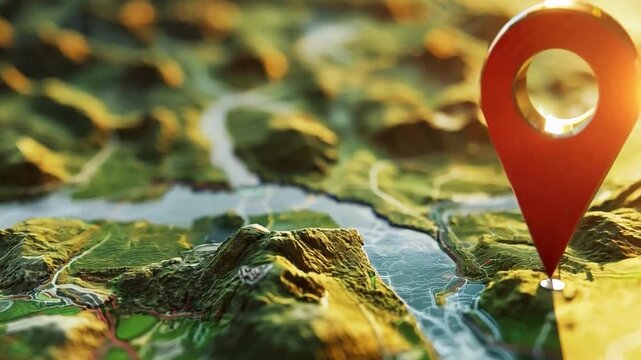 A navigation pin points out a specific location on a detailed 3D map featuring lush hills and a winding river under warm sunset light.