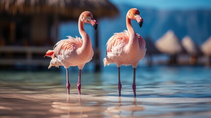 Beautiful flamingos on the beach against the backdrop of the sea, beach and palm trees 