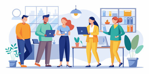 Employees discuss tasks and new projects while standing in the office. Colleagues are working. Vector illustration
