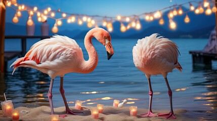 Beautiful flamingos on the beach against the backdrop of the sea, beach and palm trees  