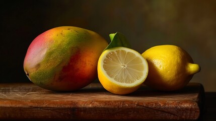 Mango and Lemons on a Wooden Cutting Board