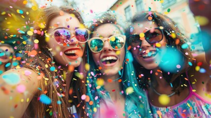 Obraz premium Women celebrating with colorful confetti, smiling and dancing in the street.