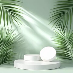 3d background products display podium scene with palm leaf geometric platform. background vector 3d render with podium. stand to show cosmetic product.