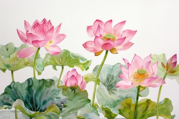 Obraz premium Watercolor painting of pink lotus flowers with green leaves on a white background.