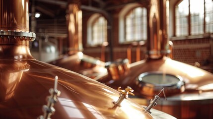Brewmasters skillfully interact with gleaming copper kettles in a vibrant brewery, emphasizing tradition and craftsmanship in beer production