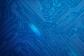 Futuristic vector illustration of a blue circuit board with intricate digital tech elements, perfect for advanced technology backgrounds.