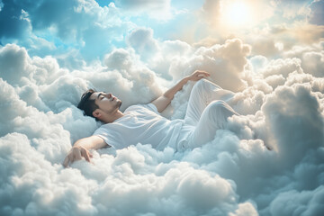 asian man asleep on a cloud in morning sunshine wearing white