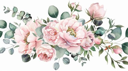 Watercolor painting of a pink rose bouquet with green foliage, perfect for wall art, wedding decorations, or as a hand-drawn botanical print.