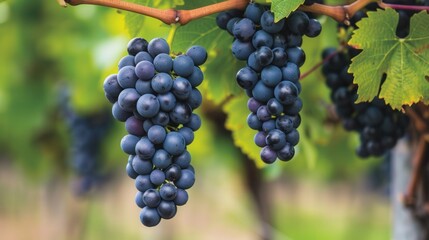 Naklejka premium Lush Grapes on a Vine, clusters of ripe grapes dangle from a green vine, sunlight filtering through leaves, showcasing their deep purple hue and inviting freshness.