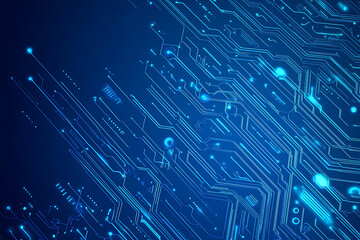 Futuristic vector illustration of a blue circuit board with intricate digital tech elements, perfect for advanced technology backgrounds.