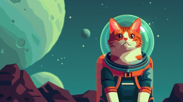 Pixelated Space Adventure, a whimsical cat exploring a vibrant cosmic landscape, filled with colorful planets and stars, features ample blank space for text integration. - Powered by Adobe