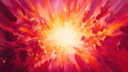 Obraz premium Dynamic Eruption, an abstract portrayal of a volcano bursting forth, featuring jagged shapes and fiery hues, set against a backdrop of intense, explosive energy and movement
