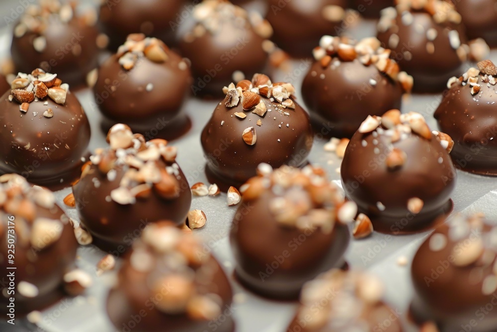 Sticker chocolate candies with nuts are sitting on a white surface and waiting to be eaten