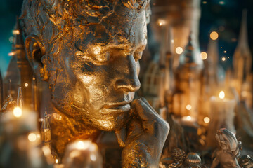Obraz premium Golden Artistic Sculpture in Dreamlike Candlelit Setting with Fantasy Elements