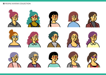 シンプルな女性アイコンのセット。めがね。