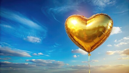 Fototapeta premium Shiny golden heart-shaped balloon floating against clear blue sky, symbolizing love and celebration, love, joy, celebration, romance
