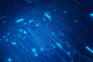 Futuristic vector illustration of a blue circuit board with intricate digital tech elements, perfect for advanced technology backgrounds.