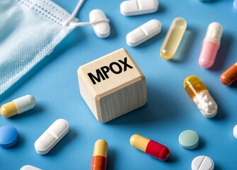 Wooden cubes with the text "MPOX" on medical mask and pills background