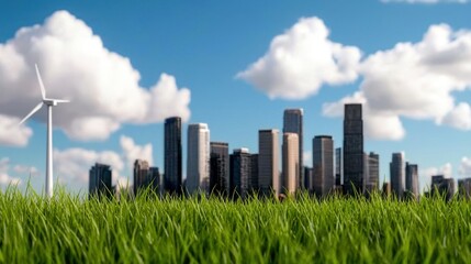Fototapeta premium A vibrant city skyline with wind turbines and lush grass under a clear blue sky, symbolizing sustainability and modernity.