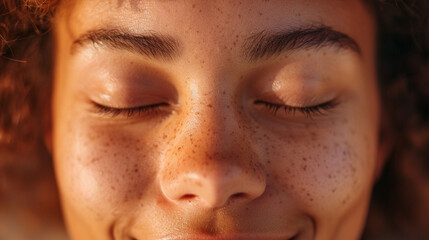 Fototapeta premium Close-up of a personâs face with closed eyes, a gentle smile indicating inner peace and healing