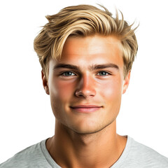Fototapeta premium Portrait of handsome blonde European male model looking with a smile on face, isolated on transparent background. Attractive masculine model, blond hair. Design element for poster, publicity.