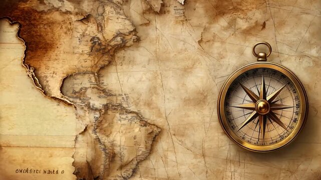 A vintage map of the Americas is displayed beside a brass compass, suggesting exploration and navigation over time.