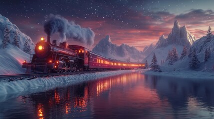 A 4K Realistic Fantasy 3D cartoon scene of a Christmas train passing through a snowy landscape