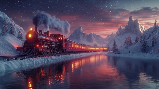 A 4K Realistic Fantasy 3D cartoon scene of a Christmas train passing through a snowy landscape