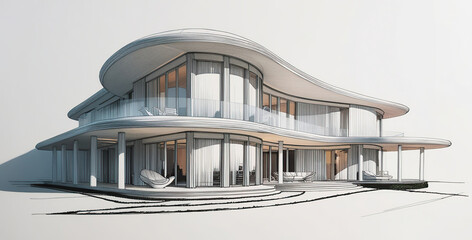 Naklejka premium Detailed and realistic architectural sketch of a futuristic style two-story house isolated hand rendering in ink