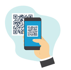 Hand holding mobile phone and scanning QR code.