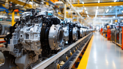 Car engines lined up for final assembly in a state-of-the-art factory