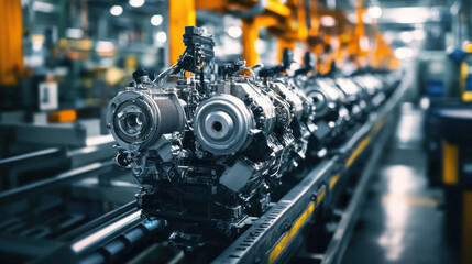 Obraz premium Car engines lined up for final assembly in a state-of-the-art factory