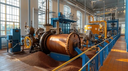 An old-fashioned cocoa processing facility with large grinders and presses