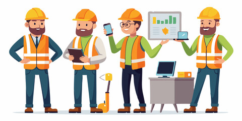 Construction engineer man in a helmet and signal vest. Worker in different poses and actions. Foreman with a tablet, at desktop, rear view
