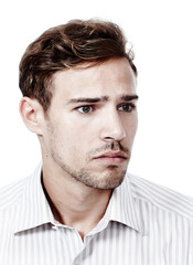 Obraz premium Man, studio and stress or worried with thinking for sad memories on white background. Business, male person and scared or emotional for job loss with depression on corporate exploitation and bullying