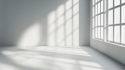A room with a large window and a white wall
