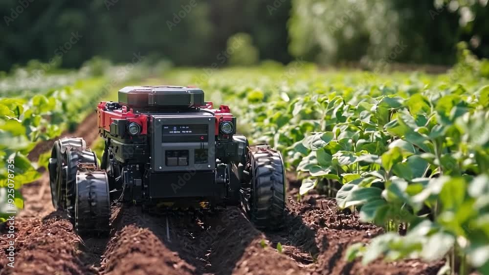 Poster an autonomous robot moves through thriving crops, utilizing technology to enhance farming efficiency