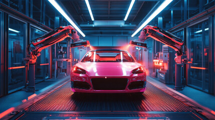 Car painting process with robotic spray arms ensuring a flawless finish