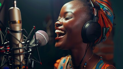A radiant young woman with vibrant attire sings joyfully into a microphone, fully immersed in her music during a recording session